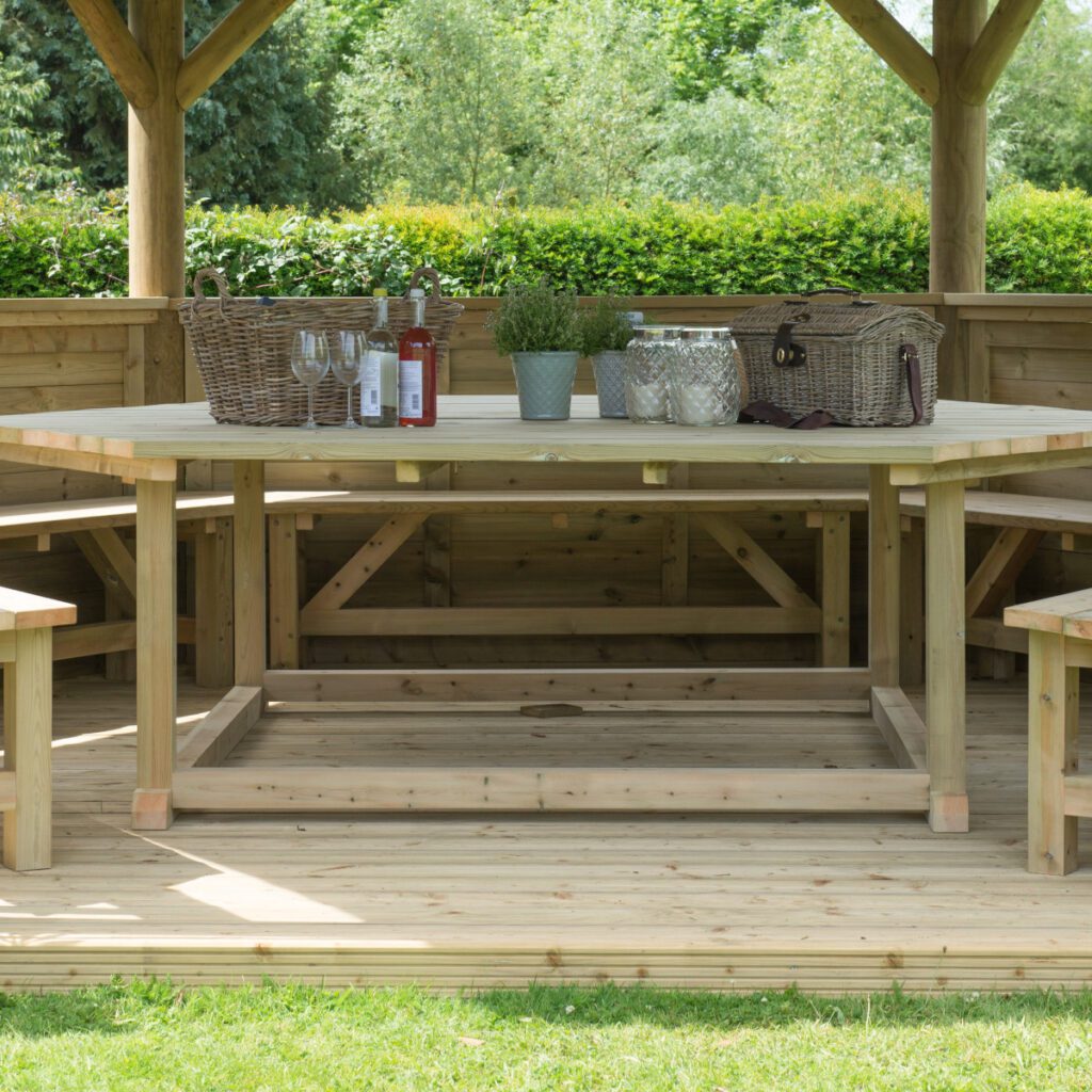 Forest Garden 4.7m Hexagonal Wooden Garden Gazebo with Cedar Roof Including Installation – Furnished with Table, Benches and Cushions  (Green) 5013053172612 2